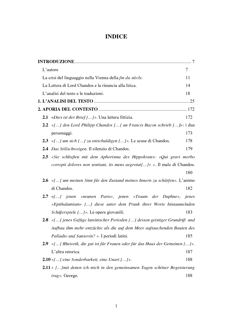 Indice della tesi: Ein Brief di Hugo von Hofmannsthal e le sue traduzioni italiane, Pagina 1