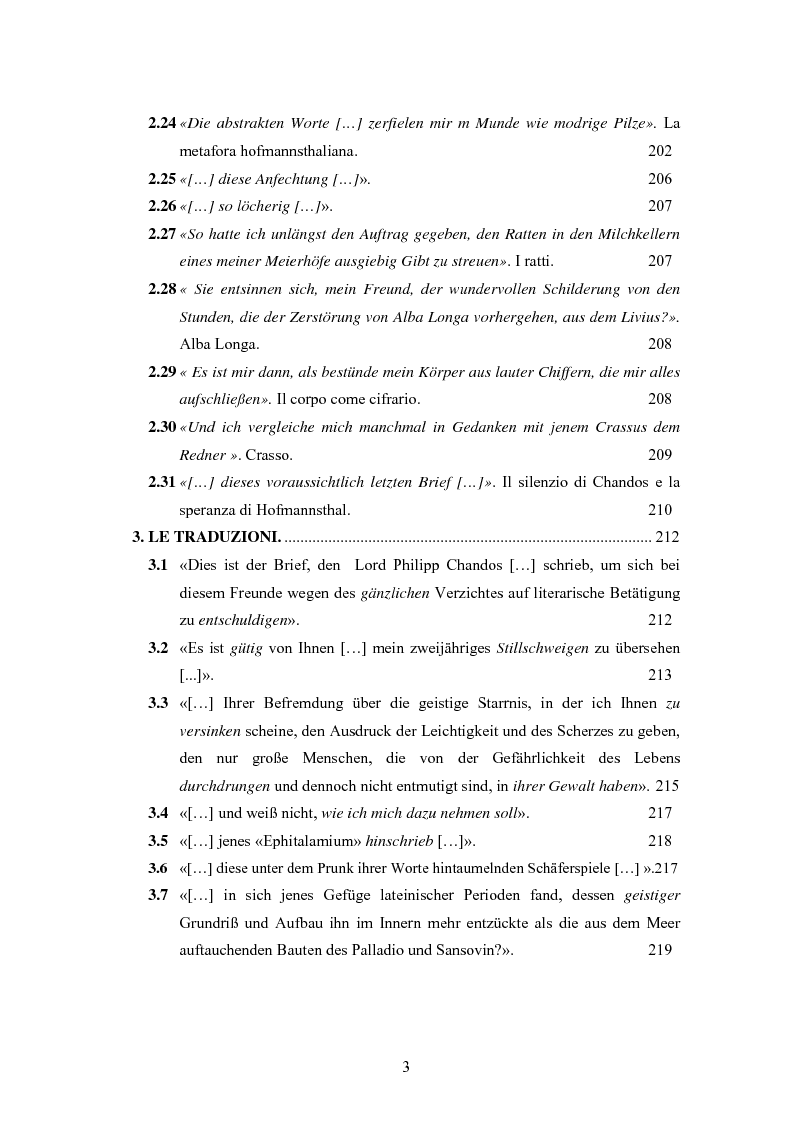 Indice della tesi: Ein Brief di Hugo von Hofmannsthal e le sue traduzioni italiane, Pagina 3