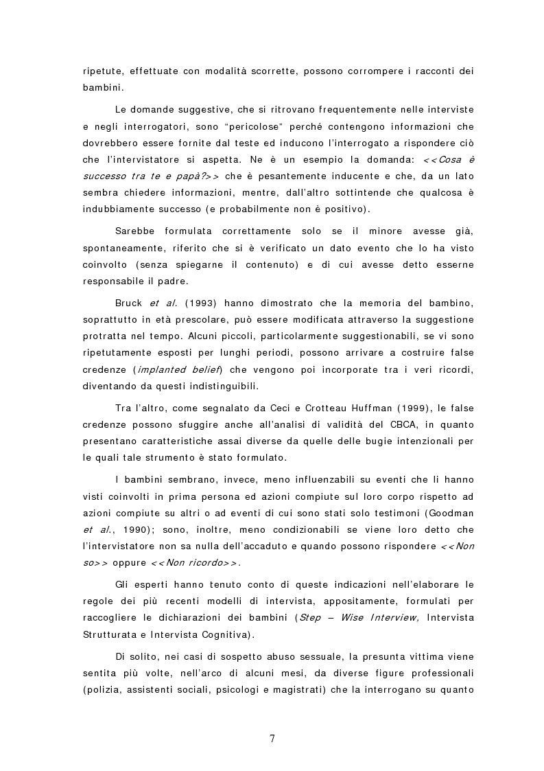 Anteprima della tesi: Le dichiarazioni dei bambini nei casi di sospetto abuso sessuale. Raccolta e valutazione, Pagina 7