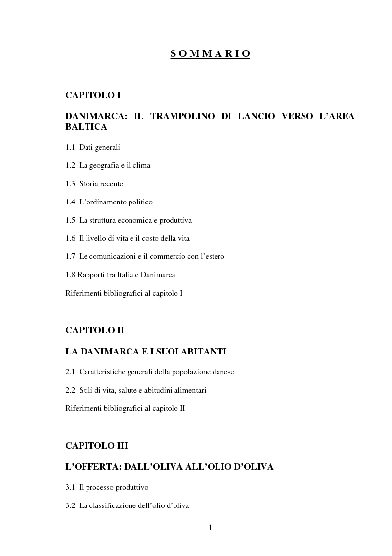 Indice della tesi: Il consumo e il mercato dell'olio d'oliva in Danimarca, Pagina 1