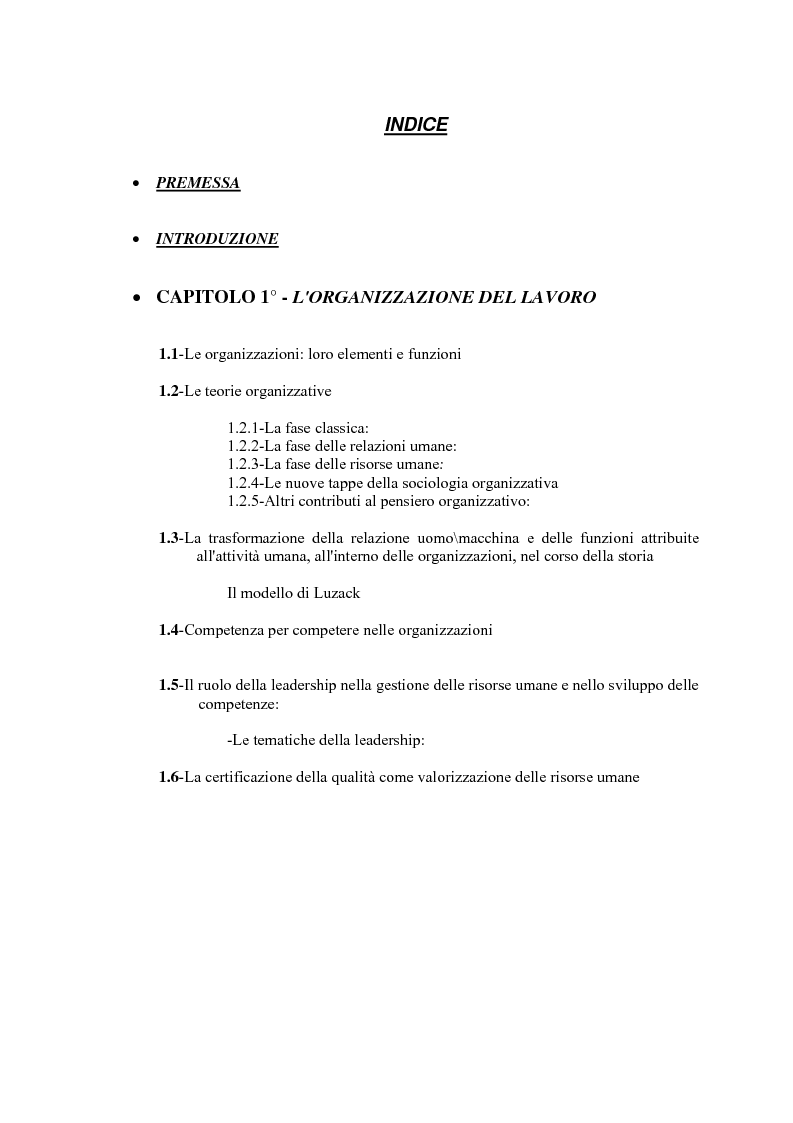 Indice della tesi: La gestione efficace della ricchezza ''risorse umane'' come fattore di sviluppo organizzativo e vantaggio competitivo: il contributo dell'intervento formativo, Pagina 1