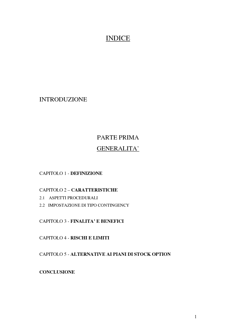 Indice della tesi: L'adozione dei piani di ''stock option'' in Italia, Pagina 1