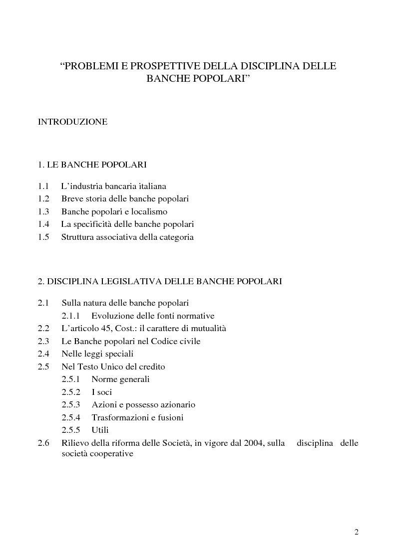 Indice della tesi: Problemi e prospettive della disciplina delle banche popolari, Pagina 1