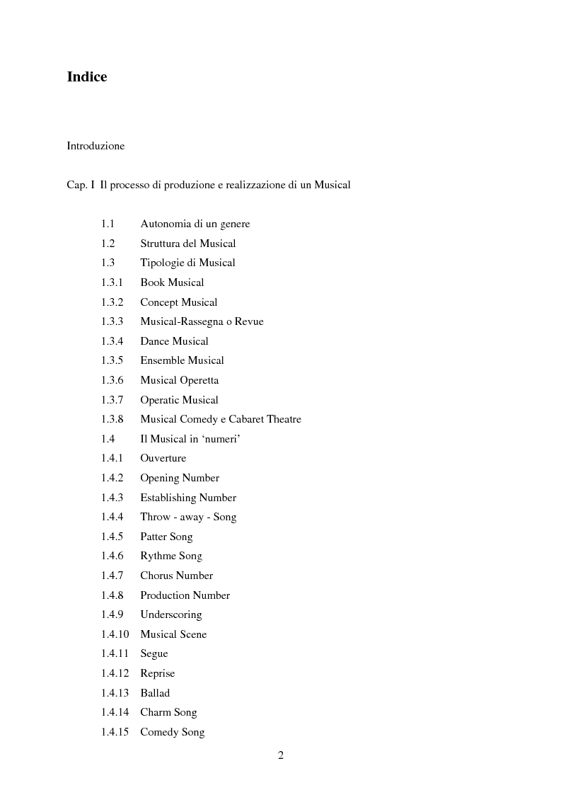 Indice della tesi: Forme e strutture del musical: il caso anglo-americano e quello italiano, Pagina 1