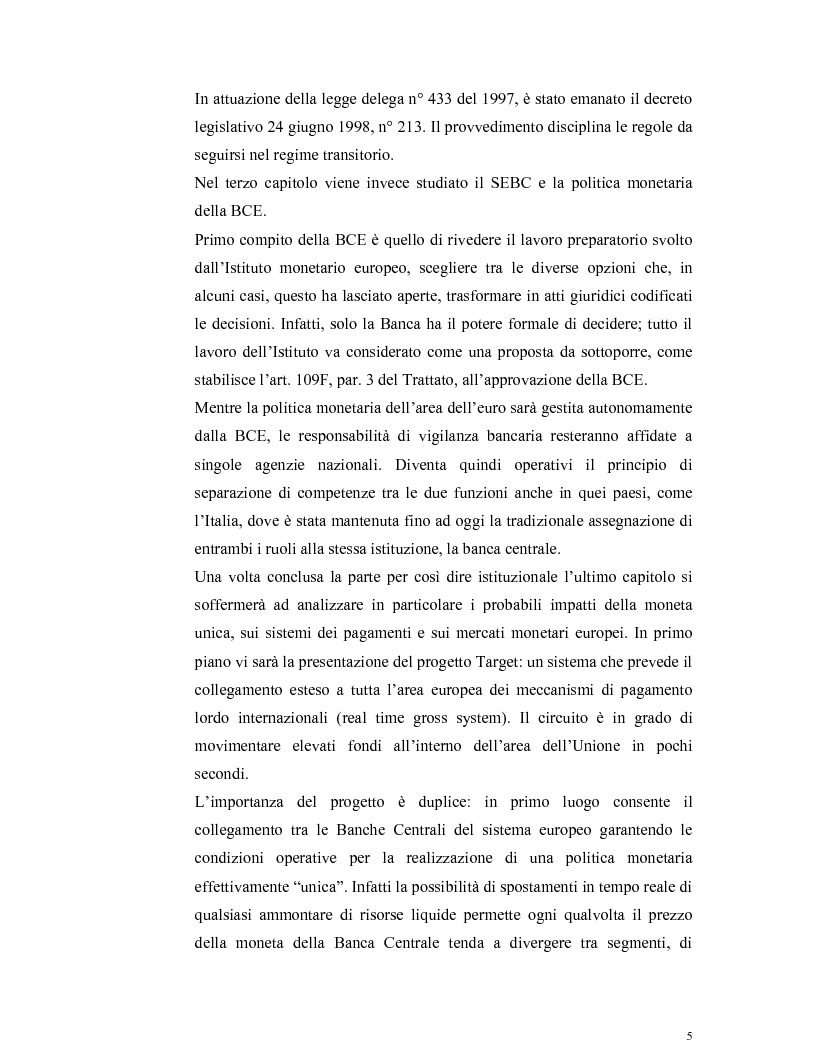 Anteprima della tesi: L'Unione Monetaria Europea e i sistemi di pagamento. Analisi giuridico-istituzionale., Pagina 5