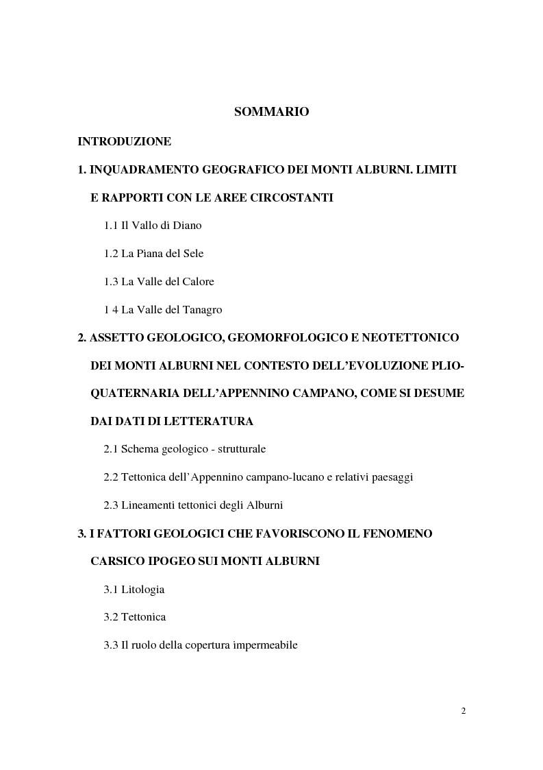 Indice della tesi: Analisi e sviluppo del carsismo degli Alburni. Studio geomorfologico. Carta geomorfologica., Pagina 1