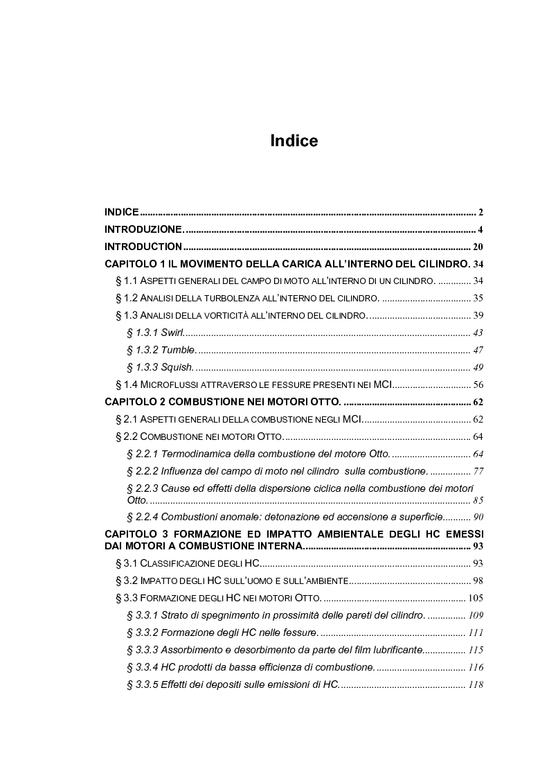Indice della tesi: Il processo di combustione nei motori alternativi: sviluppo di procedure per lo studio delle emissioni di idrocarburi incombusti, Pagina 1
