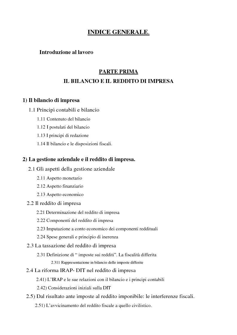Indice della tesi: Il bilancio di esercizio e determinazione del reddito fiscalmente imponibile. Gli effetti della riforma Irap-Dit sulle decisioni delle imprese., Pagina 1