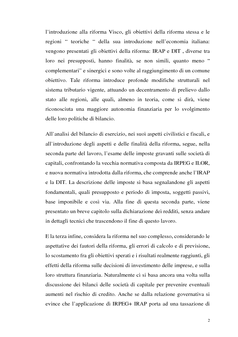 Anteprima della tesi: Il bilancio di esercizio e determinazione del reddito fiscalmente imponibile. Gli effetti della riforma Irap-Dit sulle decisioni delle imprese., Pagina 2