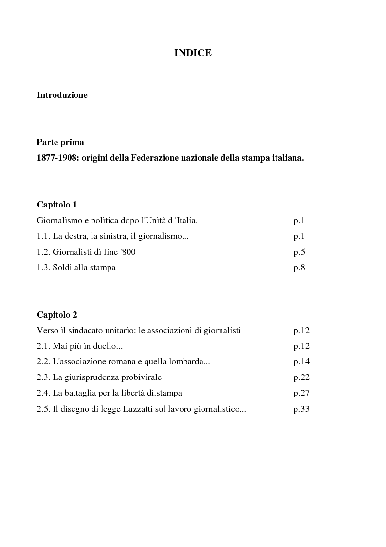 Indice della tesi: Il sindacato dei giornalisti: origini e storia della Fnsi dal 1908 al 1943, Pagina 1