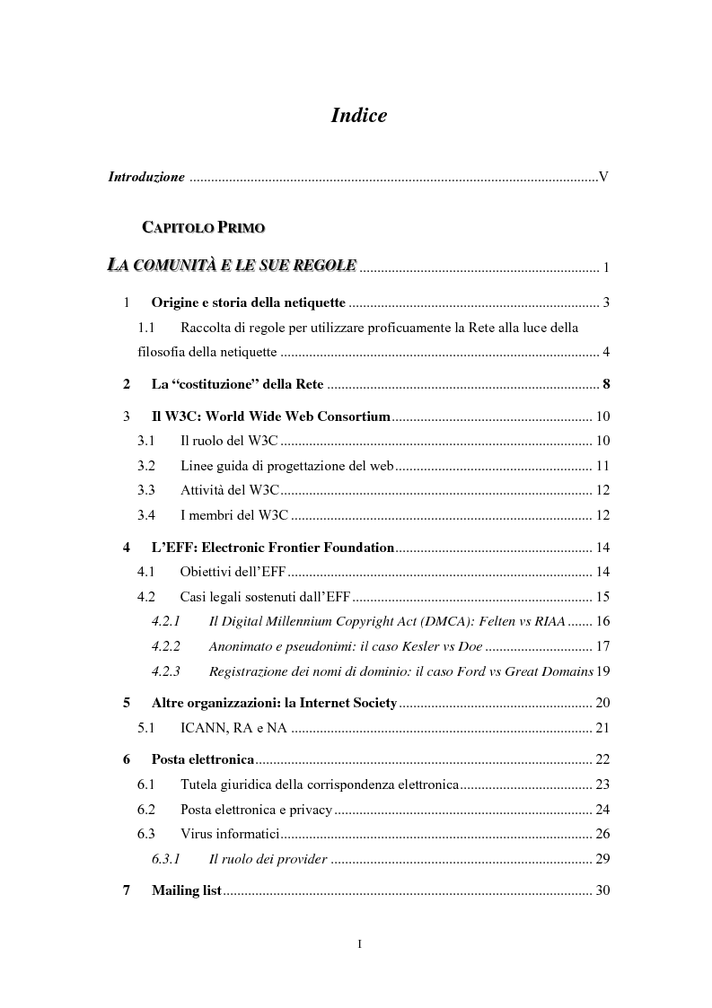 Indice della tesi: Le regole in Internet: netiquette, autoregolamentazione, deontologia, Pagina 1