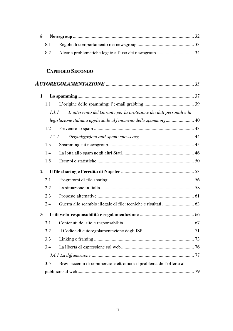 Indice della tesi: Le regole in Internet: netiquette, autoregolamentazione, deontologia, Pagina 2
