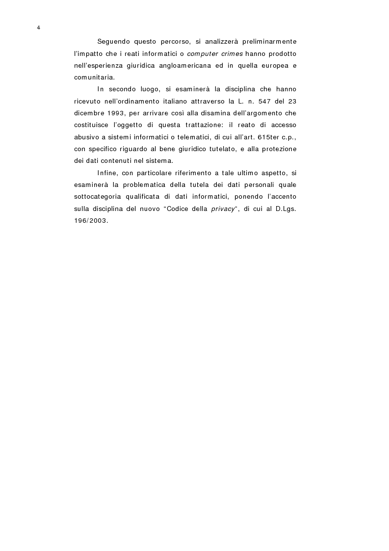 Anteprima della tesi: L'accesso abusivo a sistemi informatici o telematici con particolare riferimento alla tutela dei dati personali, Pagina 2