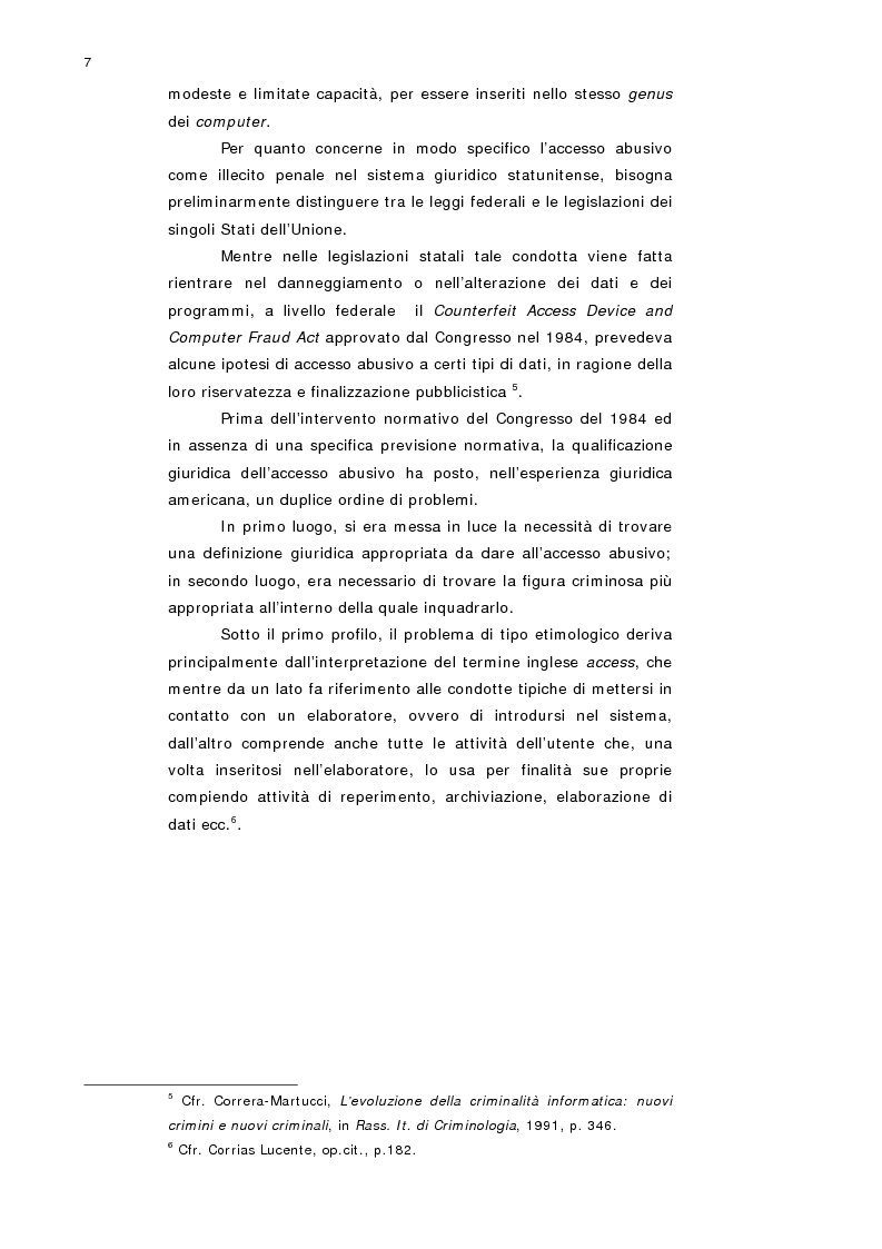 Anteprima della tesi: L'accesso abusivo a sistemi informatici o telematici con particolare riferimento alla tutela dei dati personali, Pagina 5