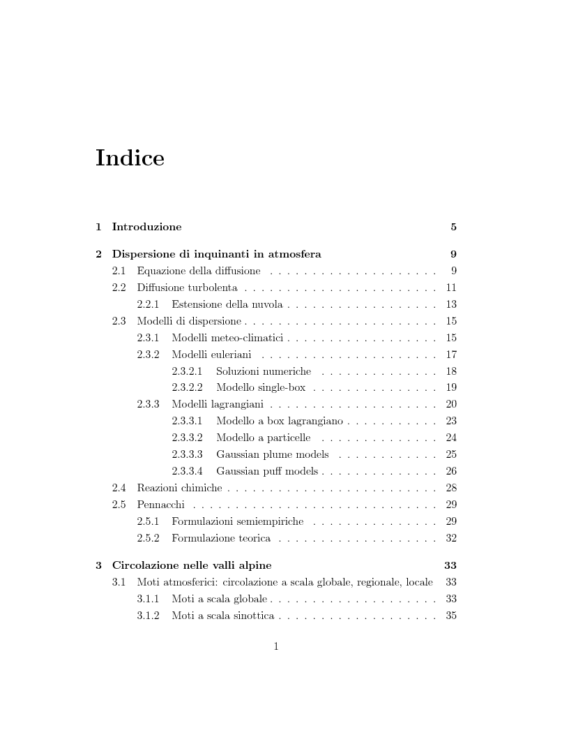 Indice della tesi: Modellazione numerica di processi di dispersione in atmosfera: applicazione alla conca di Bolzano, Pagina 1