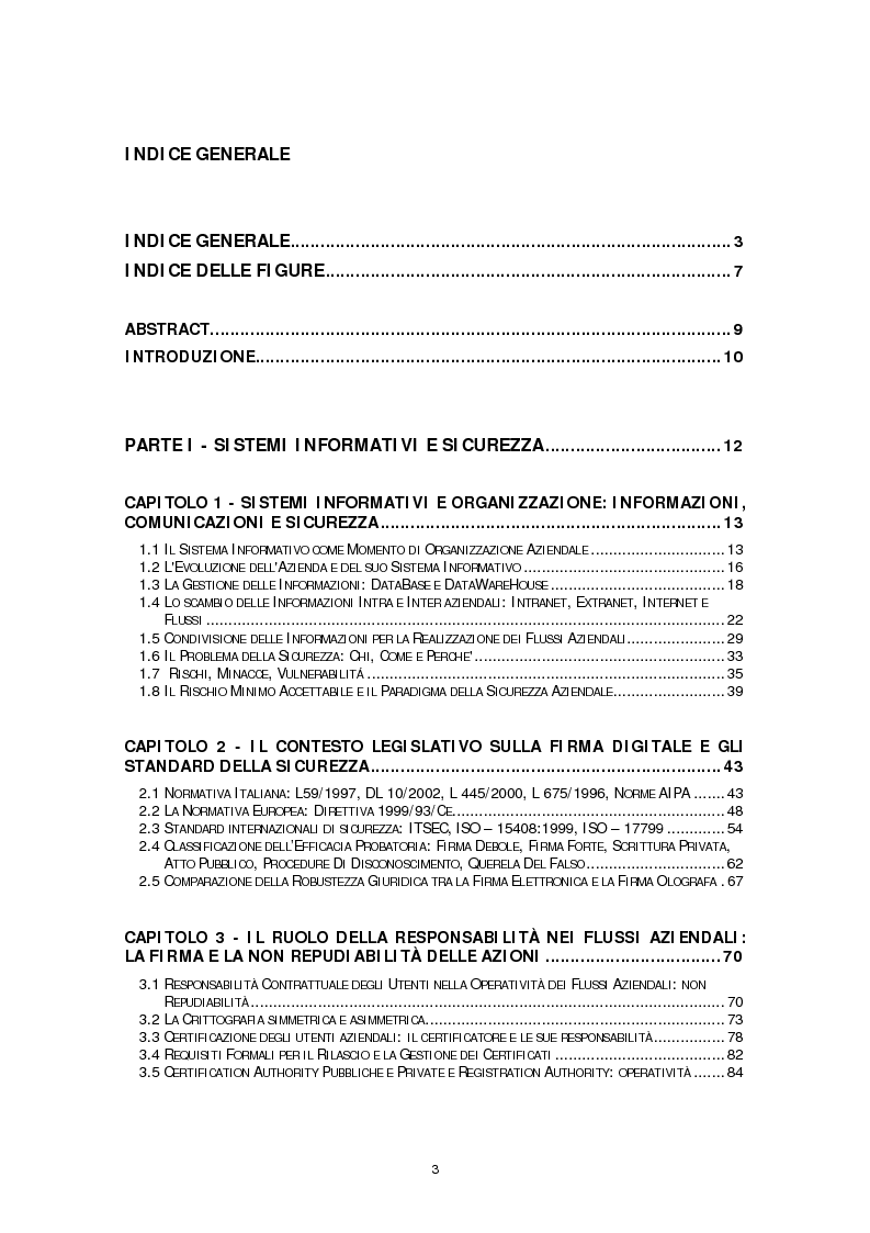 Indice della tesi: Il ruolo della firma digitale e delle tecnologie di sicurezza informatica nella ridefinizione dei processi aziendali, Pagina 1