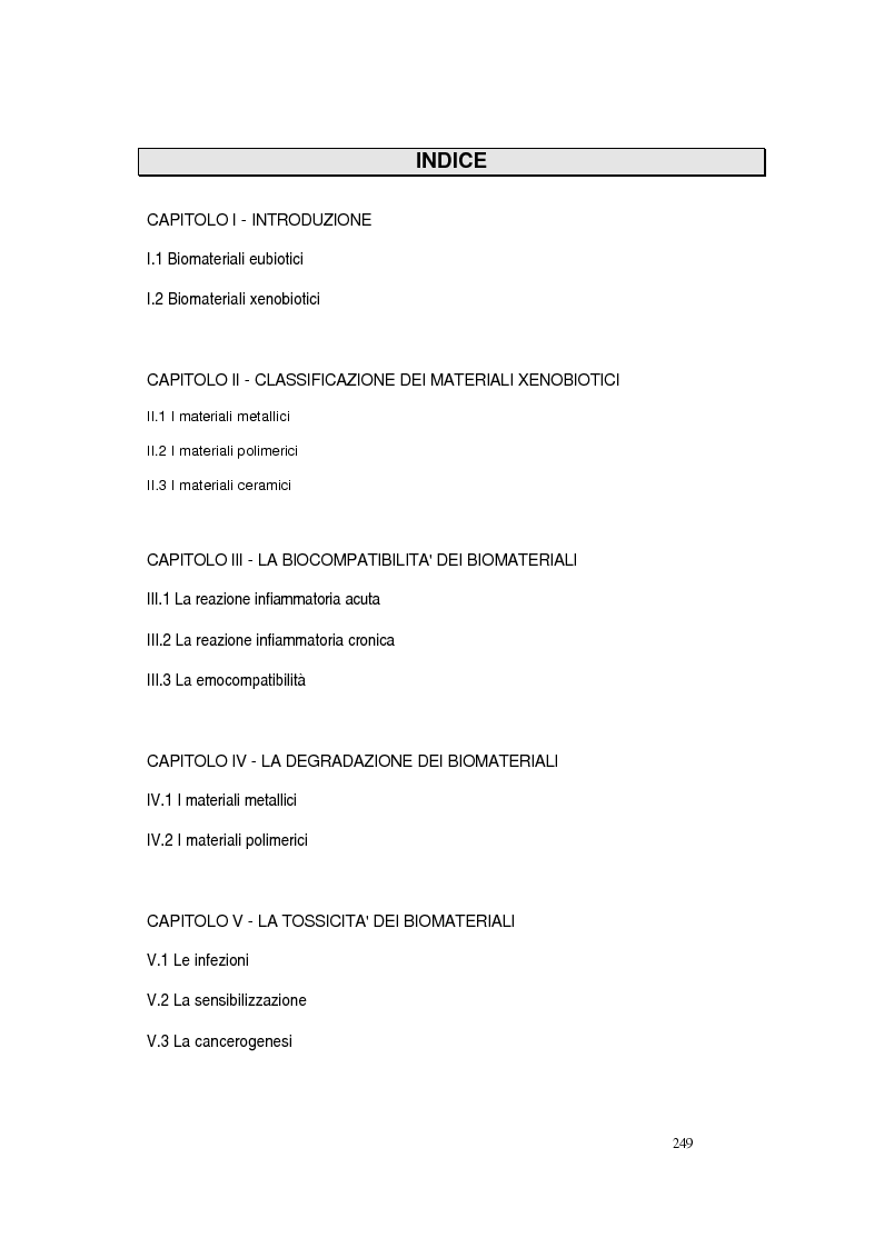Indice della tesi: Aspetti classificativi, biologici e medico-legali dei biomateriali, Pagina 1