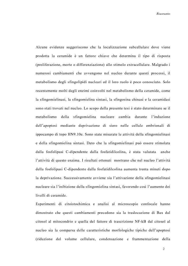 Anteprima della tesi: La deprivazione di siero induce variazioni nell'attività di enzimi nucleari coinvolti nel metabolismo degli sfingolipidi, Pagina 2