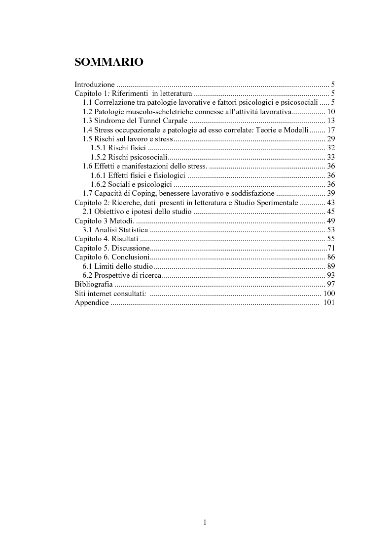 Indice della tesi: Ruolo dei fattori psicosociali nella patologia muscolo-scheletrica dell'arto superiore: studio sperimentale, Pagina 1