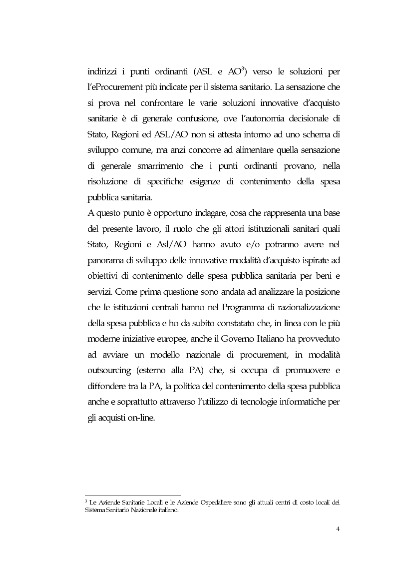 Anteprima della tesi: Nuovi processi di approvvigionamento di beni e servizi in Sanità: il caso di eccellenza di eProcurement dell’Azienda Sanitaria Locale di Viterbo, Pagina 4