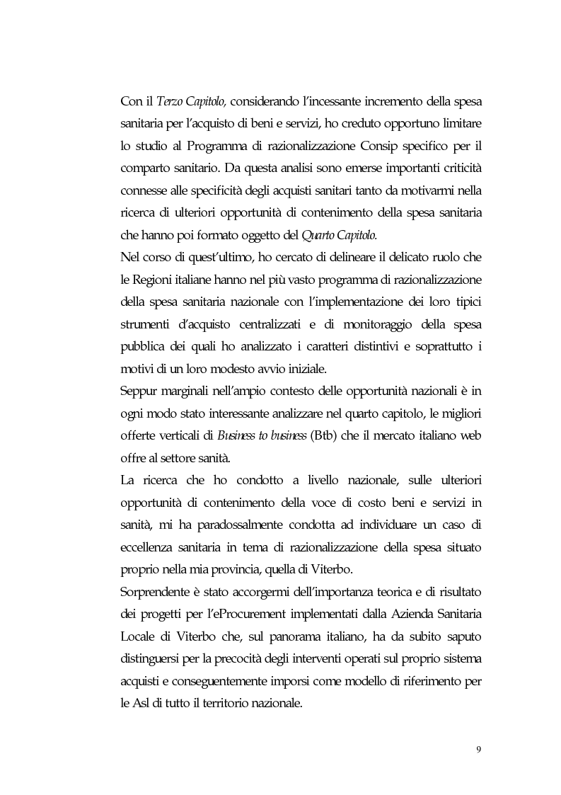 Anteprima della tesi: Nuovi processi di approvvigionamento di beni e servizi in Sanità: il caso di eccellenza di eProcurement dell’Azienda Sanitaria Locale di Viterbo, Pagina 9