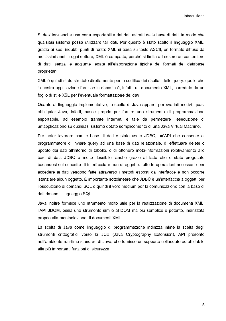 Anteprima della tesi: Ambiente integrato per l'accesso sicuro a basi di dati con tecnologie Java e XML, Pagina 5
