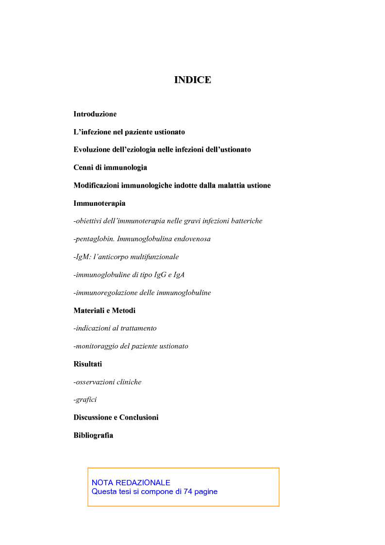Indice della tesi: Trattamento delle setticemie con immunoglobuline nel paziente grande ustionato. Esperienza su 15 pazienti., Pagina 1
