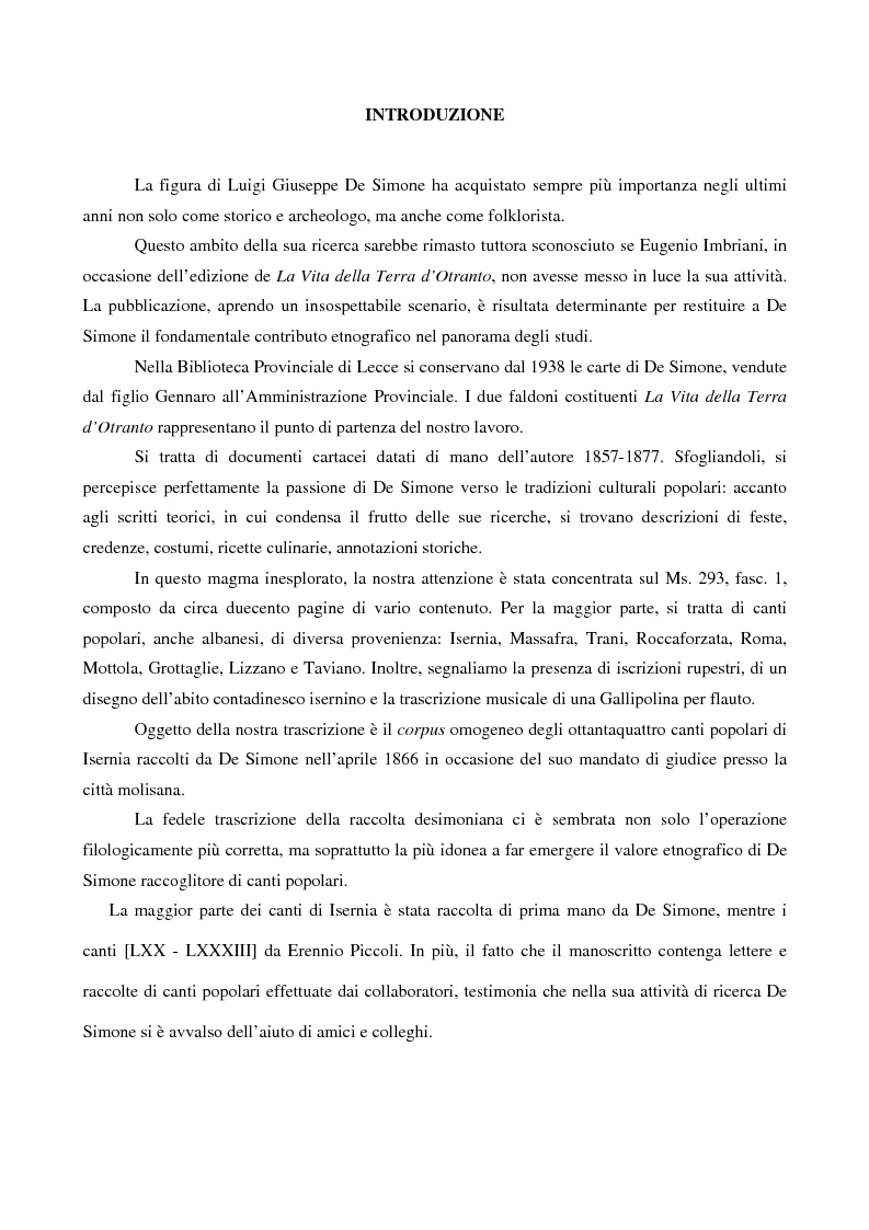 Anteprima della tesi: Canti popolari tra le carte inedite di Luigi Giuseppe De Simone: Ms. 293 fasc. 1 Biblioteca Provinciale di Lecce, Pagina 2