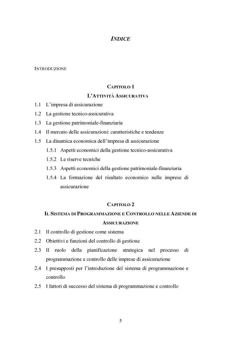 Indice della tesi: Il controllo di gestione nelle imprese di assicurazione, Pagina 1