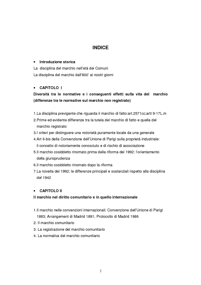Indice della tesi: Il marchio non registrato, Pagina 1