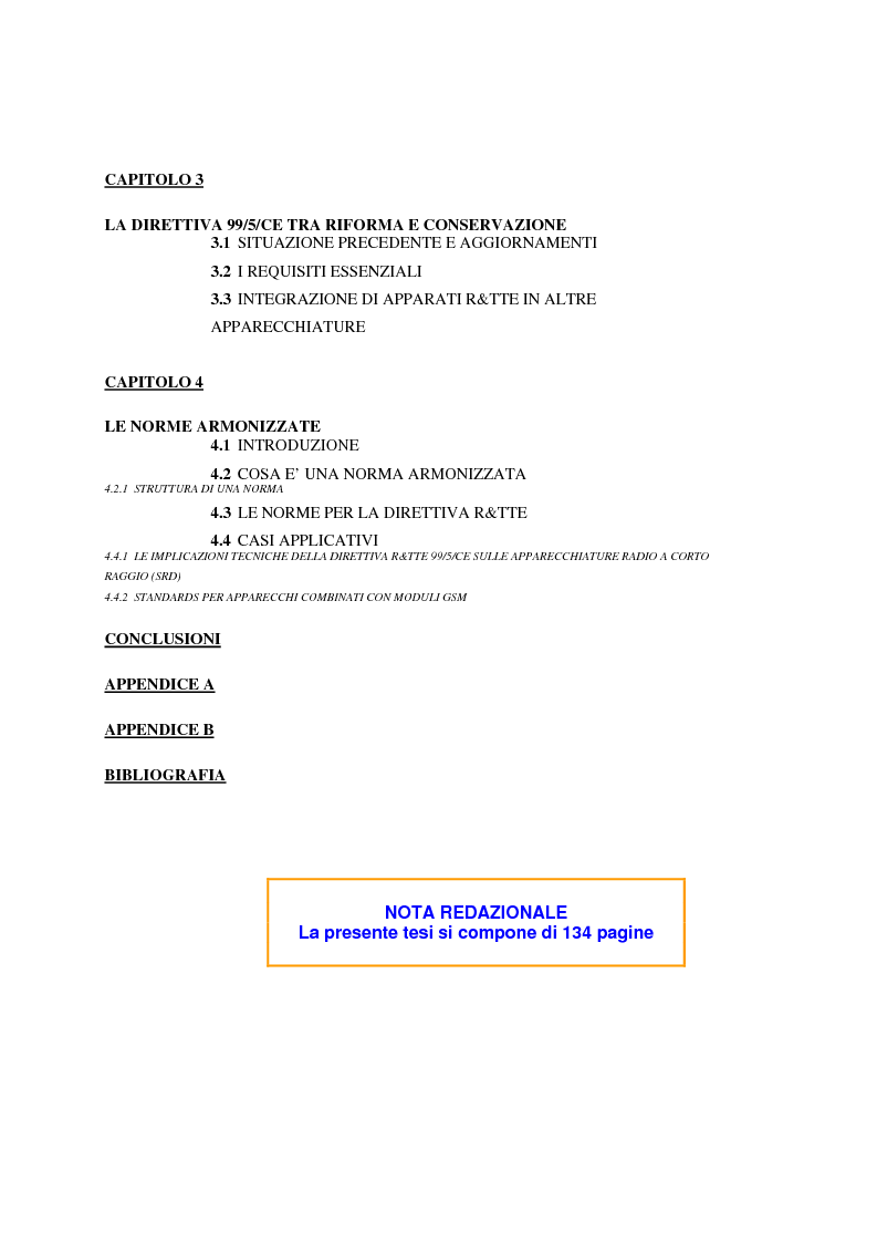 Indice della tesi: analisi e applicazione della direttiva R&TTE in un laboratorio di certficazione, Pagina 2