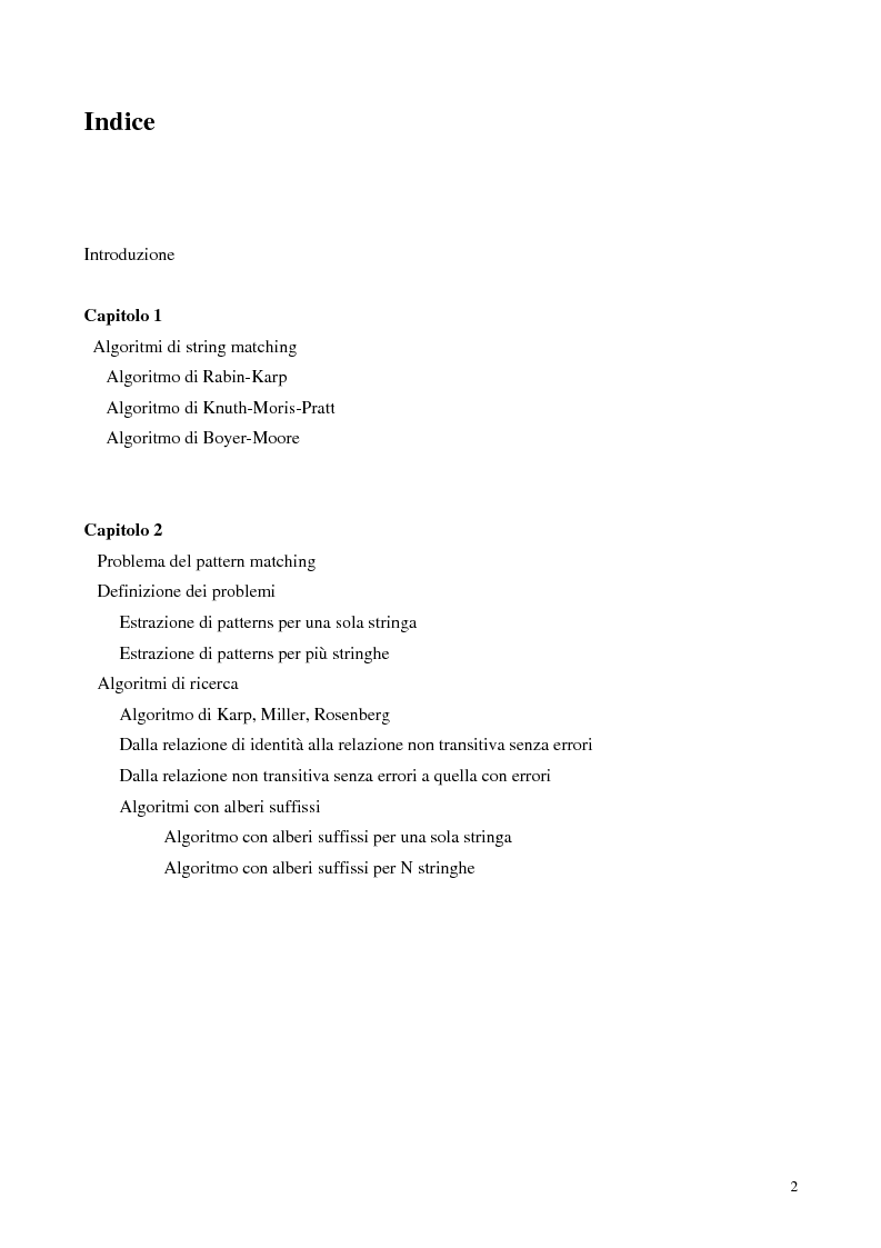 Indice della tesi: Teoria e ricerca di patterns in biosequenze, Pagina 1