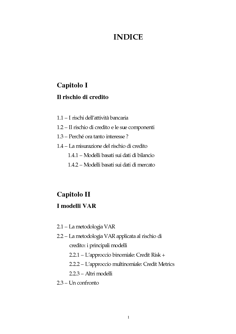 Indice della tesi: Il rischio di credito: le metodologie Var, Pagina 1