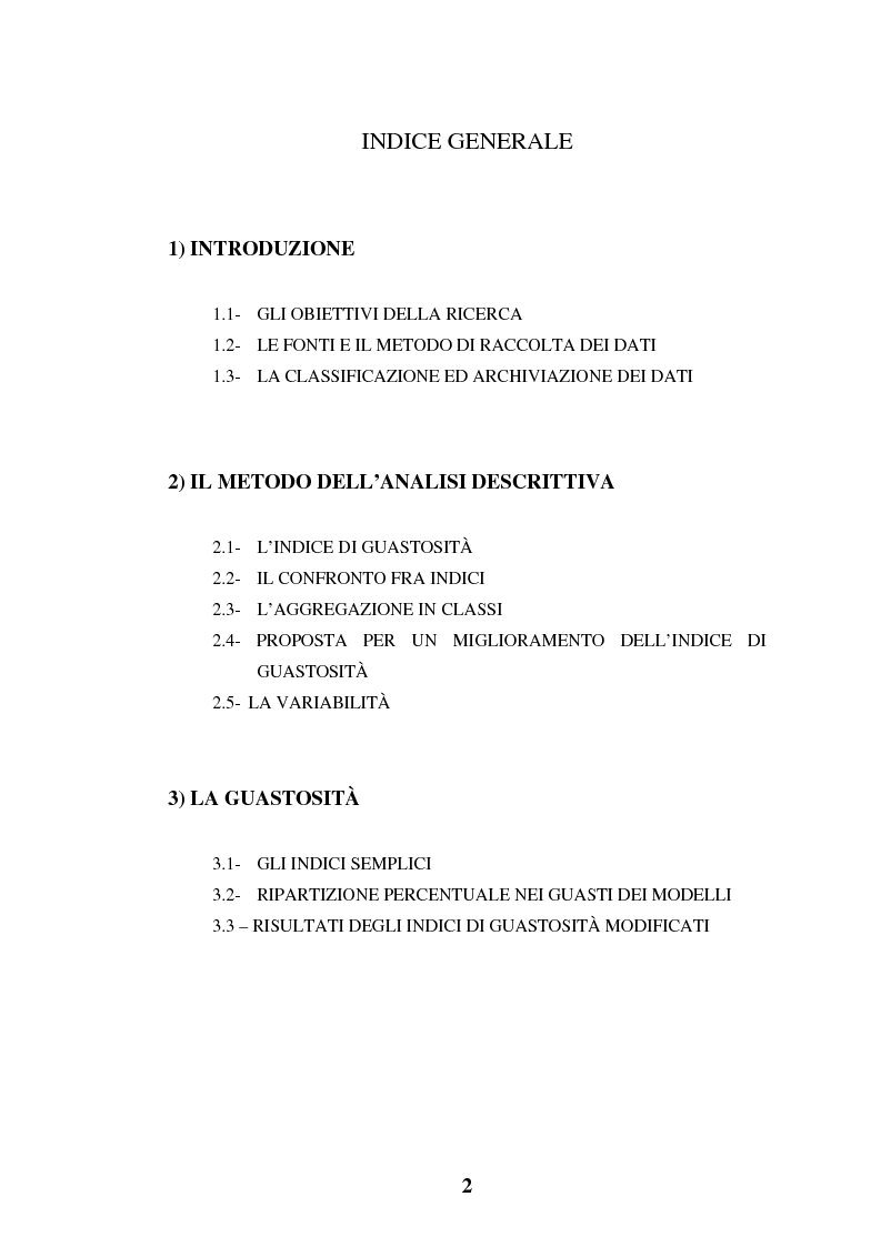 Indice della tesi: Elaborazioni e considerazioni sul problema affidabilità delle auto su dati inediti, Pagina 1