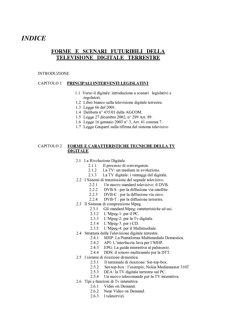 Indice della tesi: Forme e scenari futuribili della Televisione Digitale Terrestre, Pagina 1