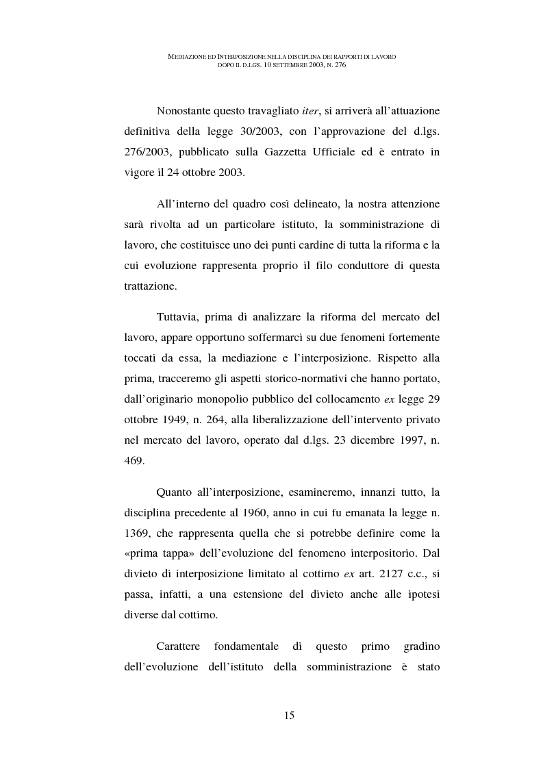 Anteprima della tesi: Mediazione ed interposizione nella disciplina dei rapporti di lavoro dopo il d.lgs. 10 settembre 2003, n. 276, Pagina 10