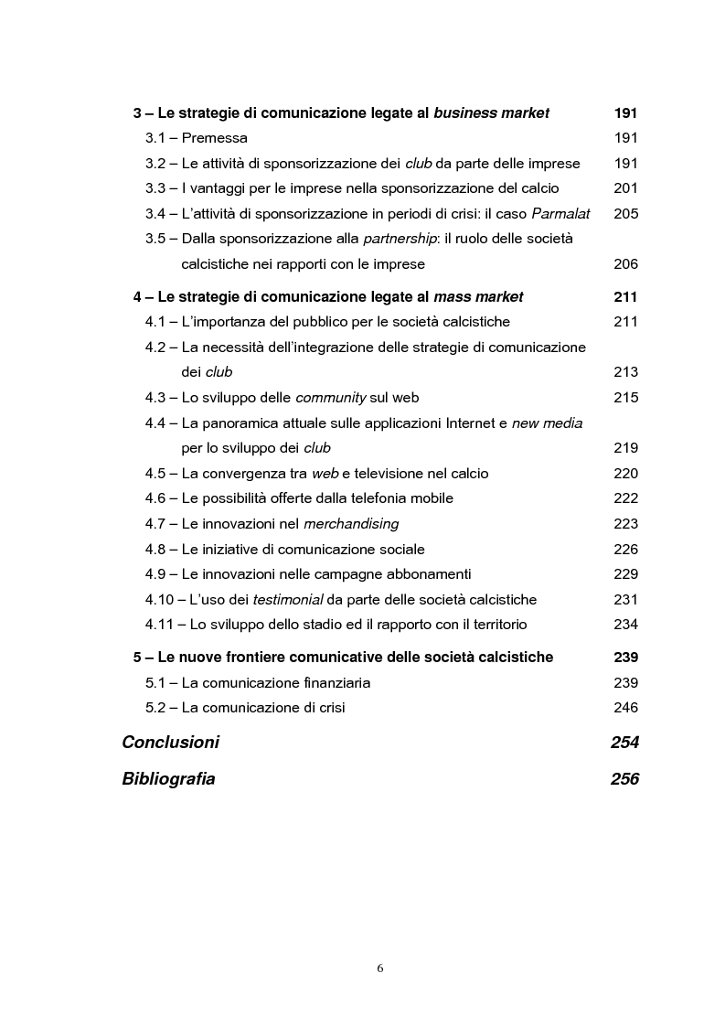 Indice della tesi: Le strategie di comunicazione delle società calcistiche italiane, Pagina 4