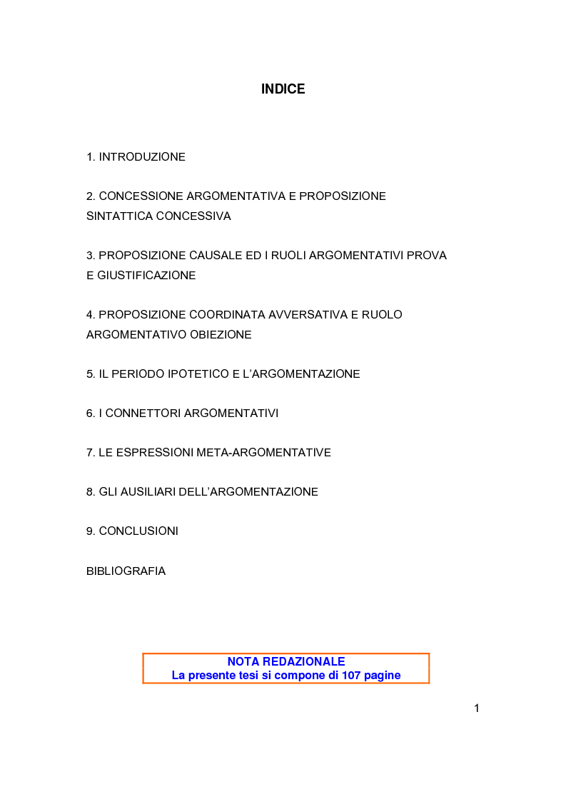 Indice della tesi: Sintassi e lessico dell'argomentazione, Pagina 1