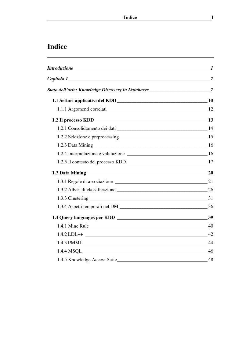 Indice della tesi: Implementazione di un Query Language per Knowledge Discovery, Pagina 1