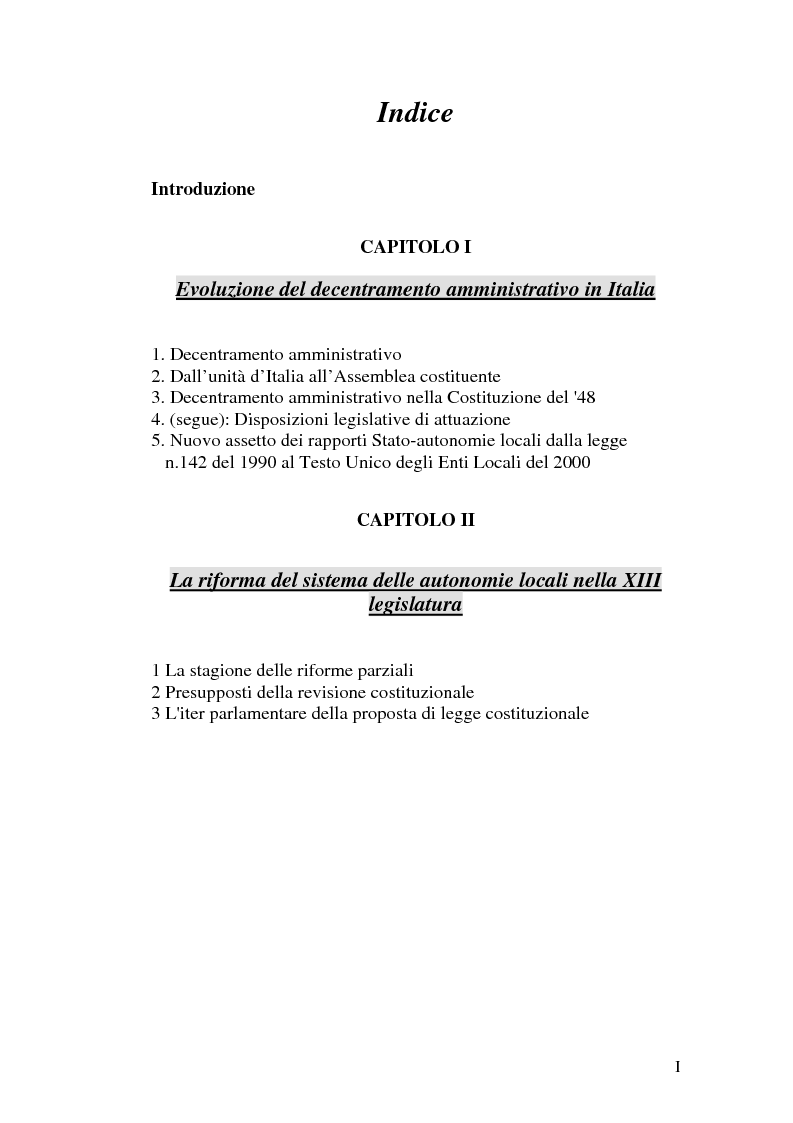 Indice della tesi: Principio di sussidiarietà e sistema amministrativo nel nuovo quadro costituzionale (articolo 4 Legge Costituzionale 18 ottobre 2001 n° 3), Pagina 1