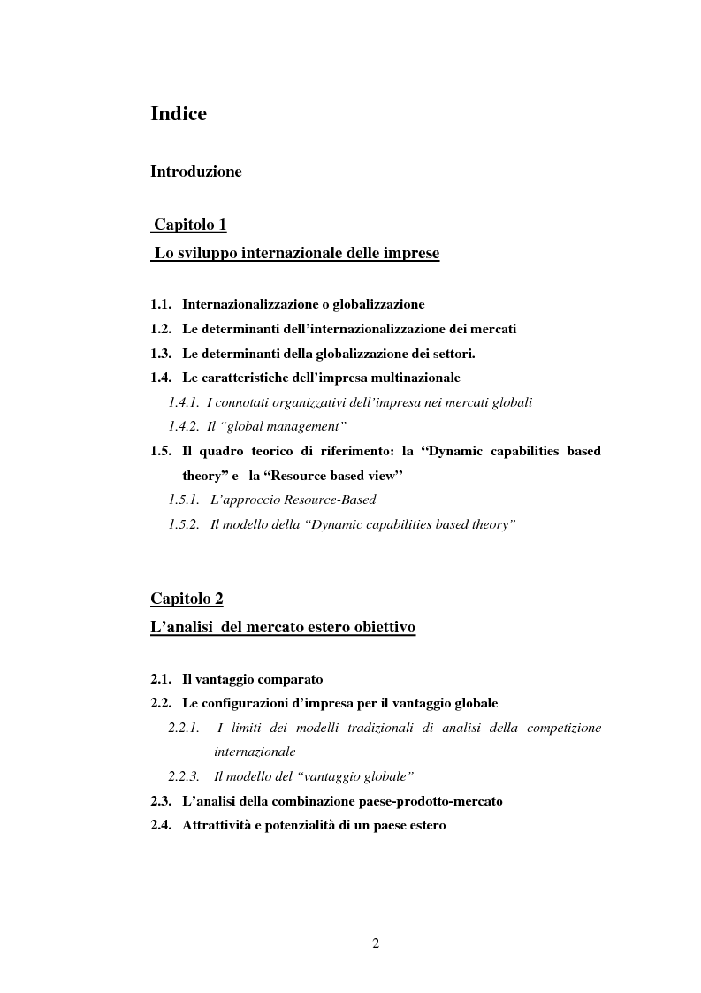 Indice della tesi: Attrattività dei mercati internazionali:scelta del paese obiettivo e strategie di ingresso.Il caso Landqart, Pagina 1