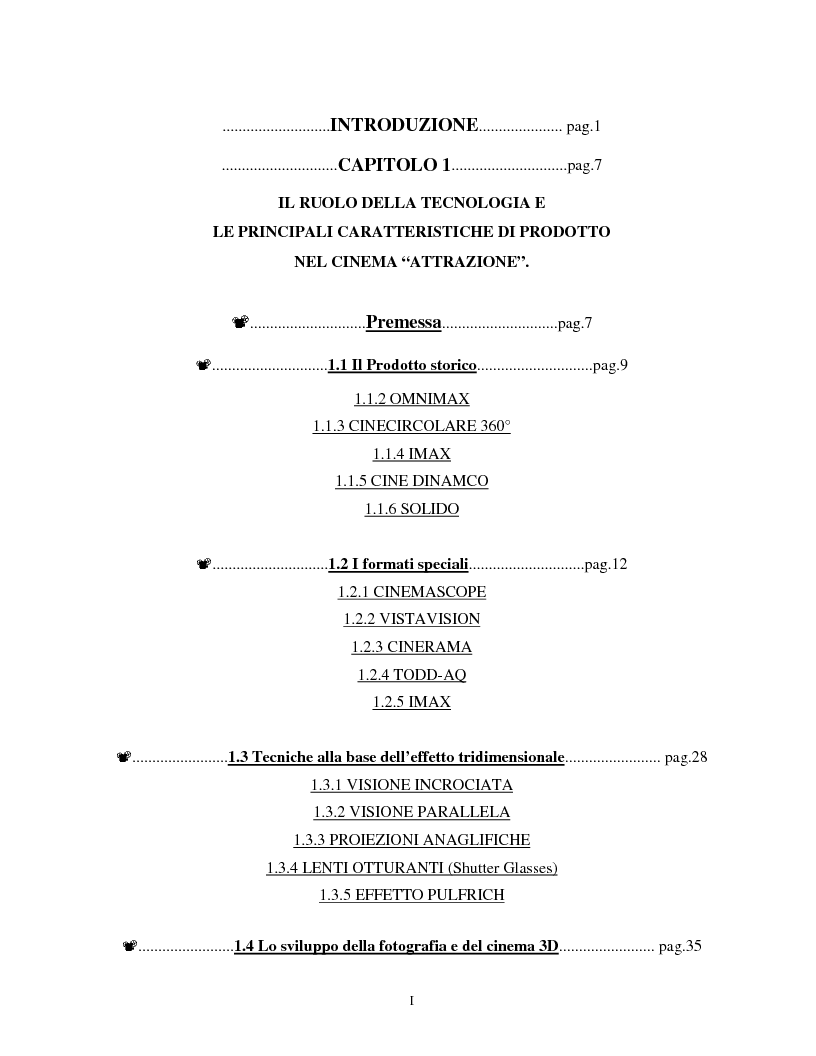 Indice della tesi: Il settore cinematografico large format. Il caso Imax., Pagina 1