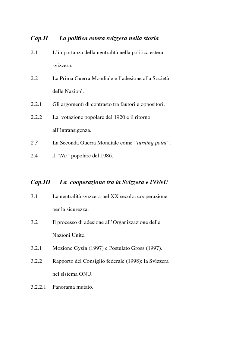 Indice della tesi: Svizzera e ONU: alla ricerca di una difficile neutralità, Pagina 2