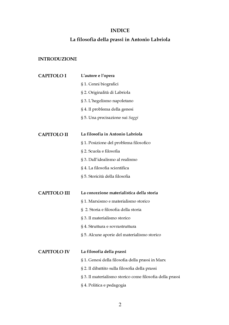 Indice della tesi: La filosofia della prassi in Antonio Labriola, Pagina 1