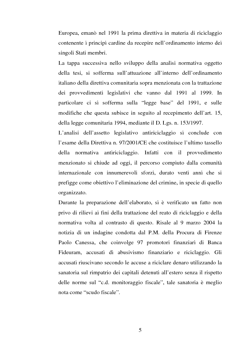 Anteprima della tesi: Evoluzione della normativa antiriciclaggio dalla legge n. 197/1991 alle questioni poste con il c.d. ''scudo fiscale'', Pagina 2