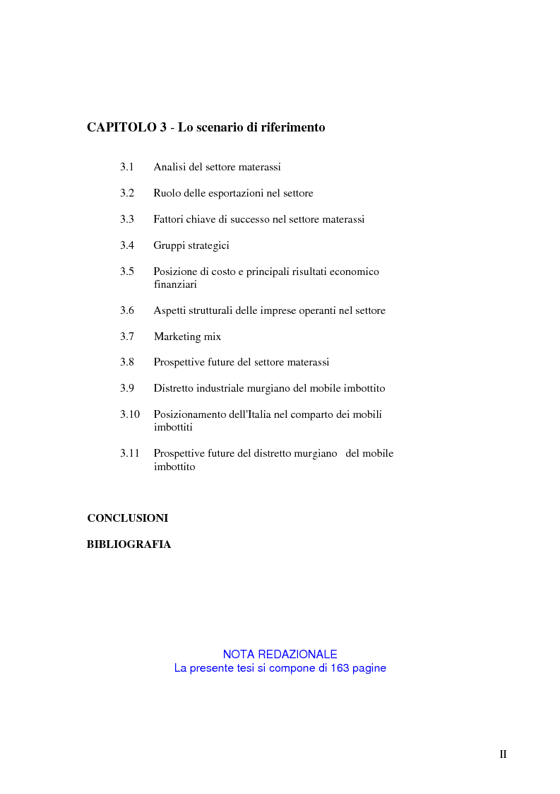 Indice della tesi: Aspetti organizzativi e gestionali di un'azienda di produzione di materassi, Pagina 2