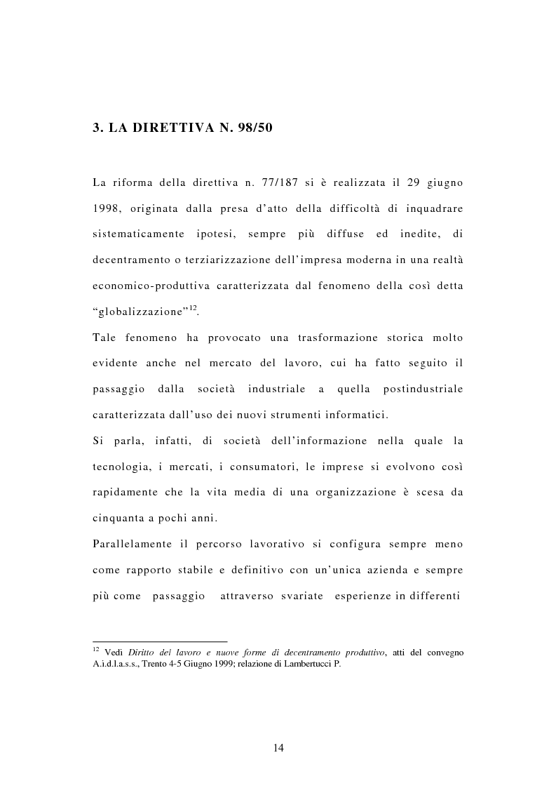 Anteprima della tesi: La tutela dei diritti dei lavoratori in caso di trasferimento d'azienda e di privatizzazione dei servizi pubblici locali, Pagina 12