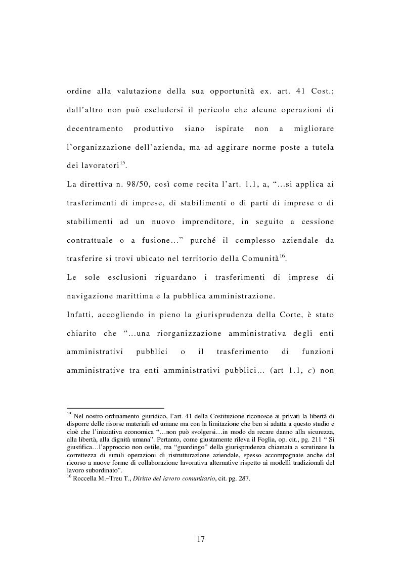 Anteprima della tesi: La tutela dei diritti dei lavoratori in caso di trasferimento d'azienda e di privatizzazione dei servizi pubblici locali, Pagina 15