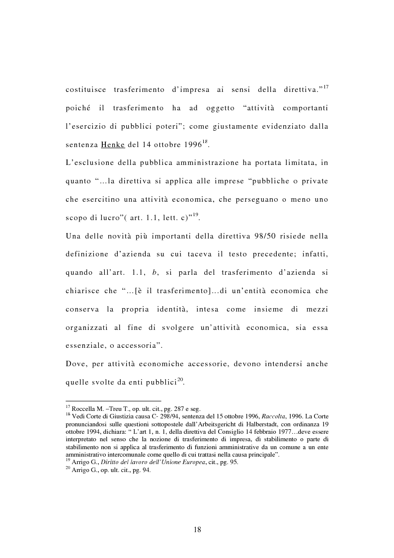 Anteprima della tesi: La tutela dei diritti dei lavoratori in caso di trasferimento d'azienda e di privatizzazione dei servizi pubblici locali, Pagina 16