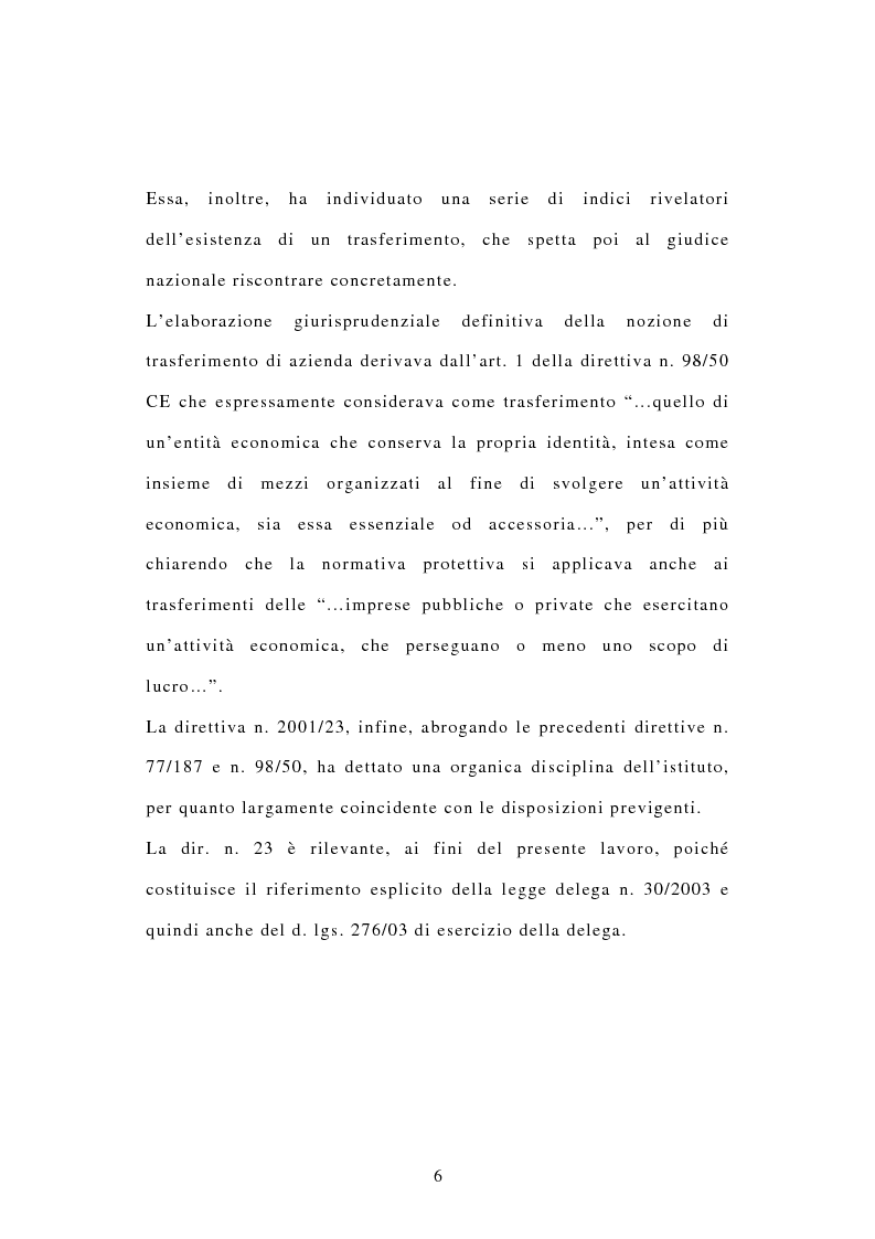 Anteprima della tesi: La tutela dei diritti dei lavoratori in caso di trasferimento d'azienda e di privatizzazione dei servizi pubblici locali, Pagina 4